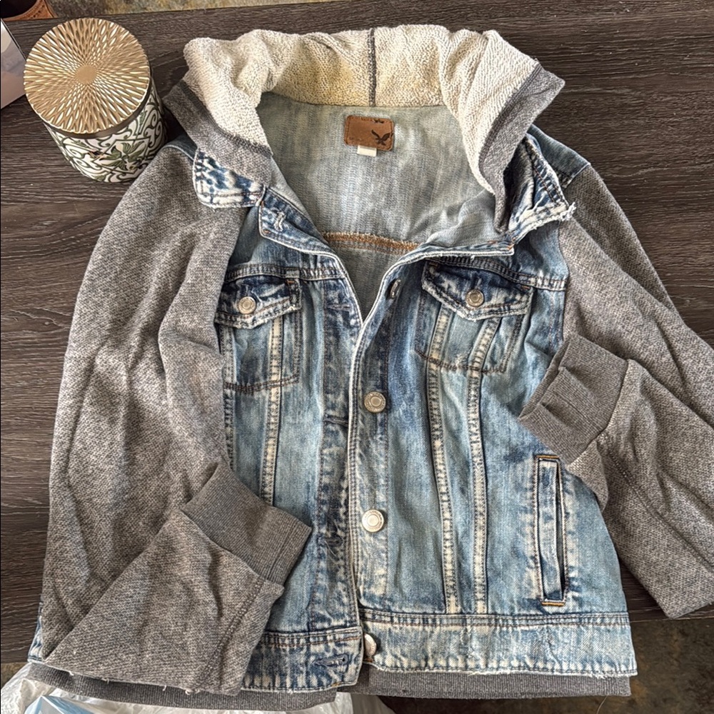 Denim and Gray Hooded Jacket